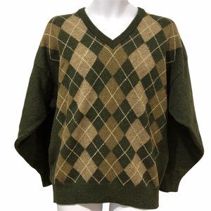 MacGordon VTG Made in Scotland Lambswool Argyle Olive Green V Neck Sweater   M